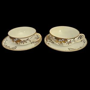 Imperial Nippon Hand Painted Gold Floral Tea Cups & Saucers Set of 2
